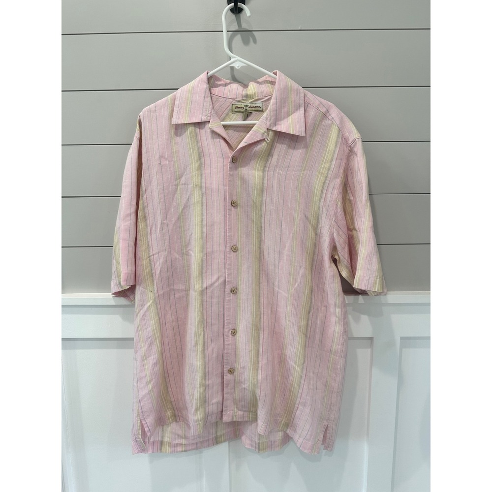 Tommy Bahama Mens Large Pink Striped 100% Linen Short Sleeve Camp Shirt Button